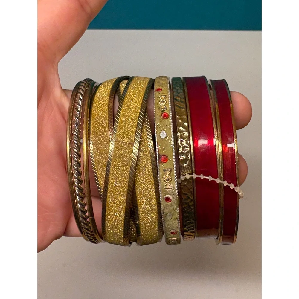 Gold Red Silver Bangle Bracelet Set Mixed Metal Enamel Glitter Stacking 10pc